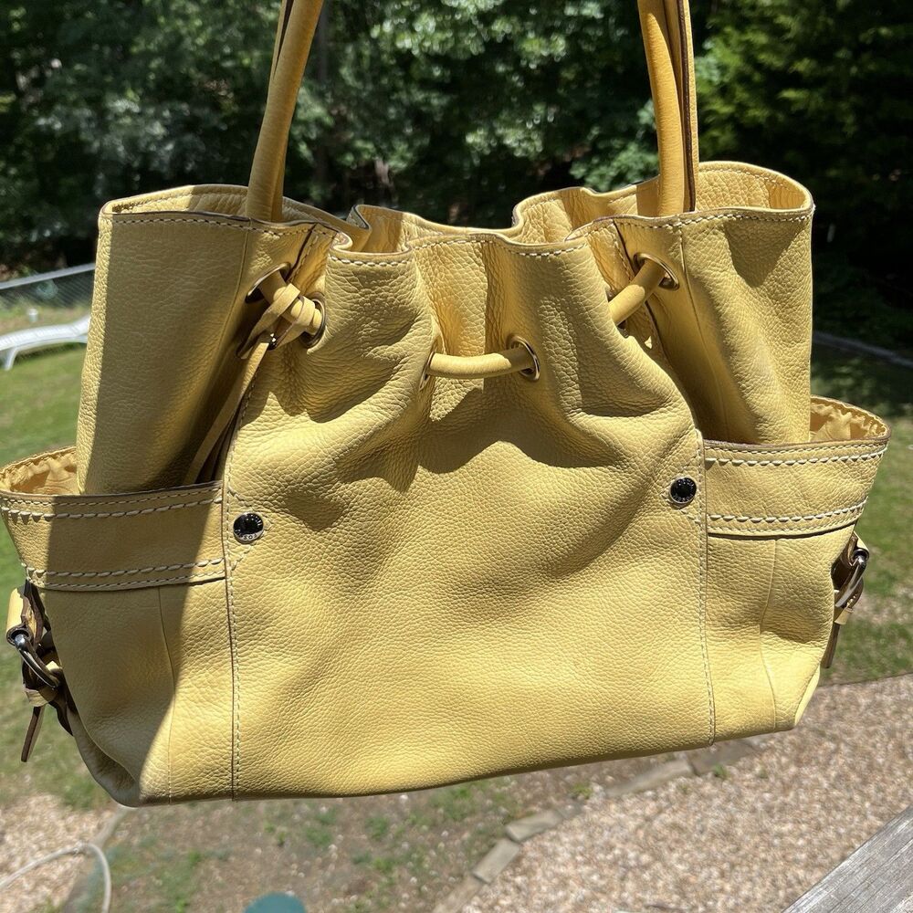 FOSSIL Leather Yellow 17" CINCH Drawstring Bucket Bag buckle hobo purse Soft